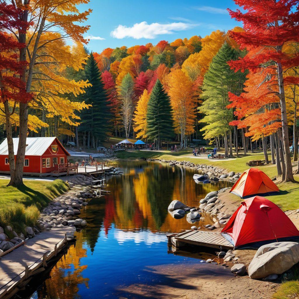 A breathtaking view of Becker County's scenic trails winding through vibrant autumn foliage, complemented by an inviting local festival scene featuring colorful tents, joyful people enjoying music and food, and traditional crafts. Capture the essence of community with a backdrop of shimmering lakes and rustic cabins. super-realistic. vibrant colors. 3D.