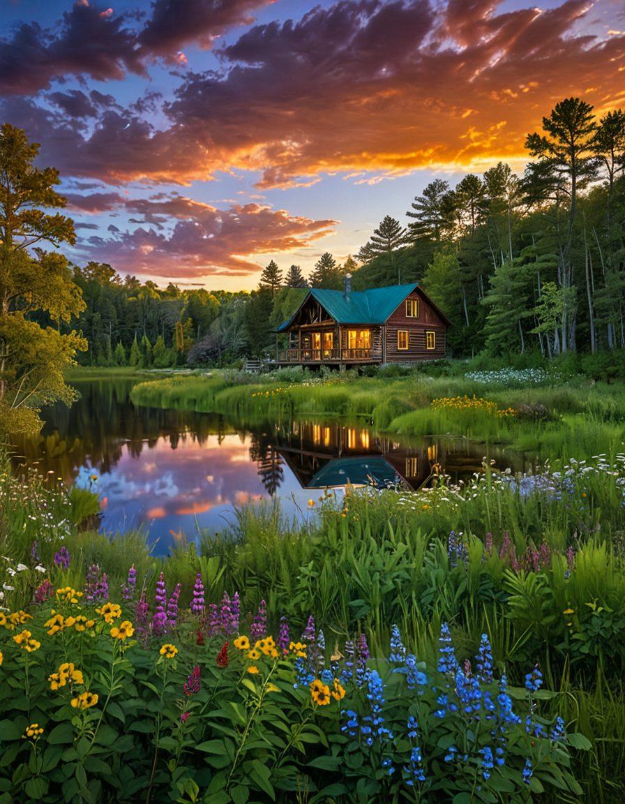 A picturesque landscape of Becker County, showcasing lush green forests, shimmering lakes, and vibrant wildflowers in full bloom. Include charming attractions like a rustic cabin and a quaint small-town setting with charming shops and friendly locals. The sky is painted with the warm hues of a sunset, inviting viewers to explore this hidden gem of Minnesota. super-realistic. vibrant colors. 3D.